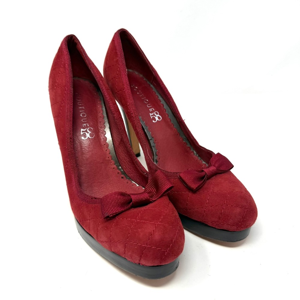 Boutique 58 Womens Quilted Suede Platform Pumps Red Bow Heels Size 8.5 M